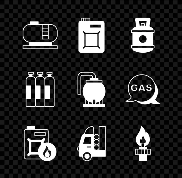 Petrol deposu, motor yağı tenekesi, propan gazı, gaz aracı, yangın, sanayi silindiri ve ikon teçhizatı ayarlayın. Vektör — Stok Vektör