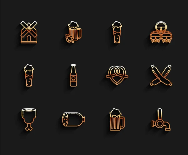 Set line Patata de pollo, Salchicha salami, Molino de viento, Taza de cerveza de madera, Grifo de cerveza, botella, Cruzado y Pretzel icono. Vector — Vector de stock