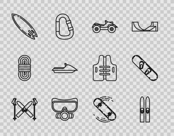 Set line Esquí y bastones, Vehículo Todo Terreno o ATV motocicleta, máscara de buceo, Surfboard, Jet ski, Skateboard truco y Snowboard icono. Vector — Archivo Imágenes Vectoriales