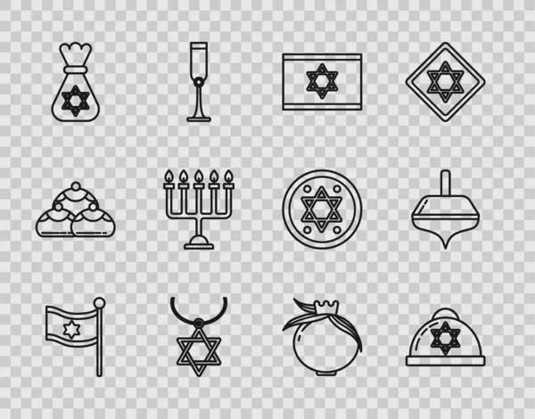 Israelische Flagge, jüdische Kippa mit Davidstern, Davidstern-Kette an Kette, Geldbeutel, Chanukka-Menora, Granatapfel und Dreidel-Ikone. Vektor — Stockvektor