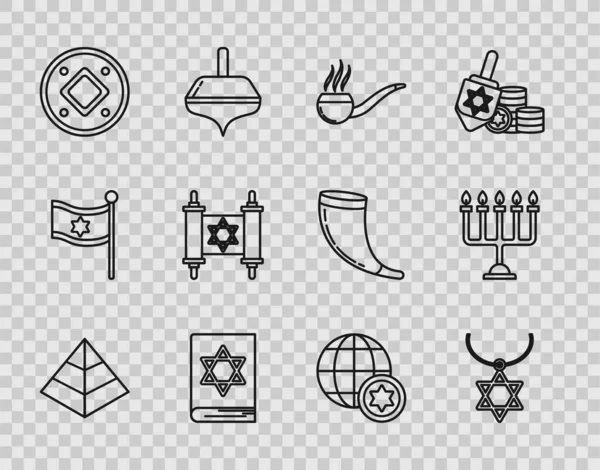 Set line πυραμίδες της Αιγύπτου, αστέρι του Δαβίδ κολιέ στην αλυσίδα, πίπα του καπνίσματος με καπνό, εβραϊκό βιβλίο torah, κέρμα, Torah scroll, Παγκόσμια Globe και το Ισραήλ και Hanukkah menorah εικόνα. Διάνυσμα — Διανυσματικό Αρχείο