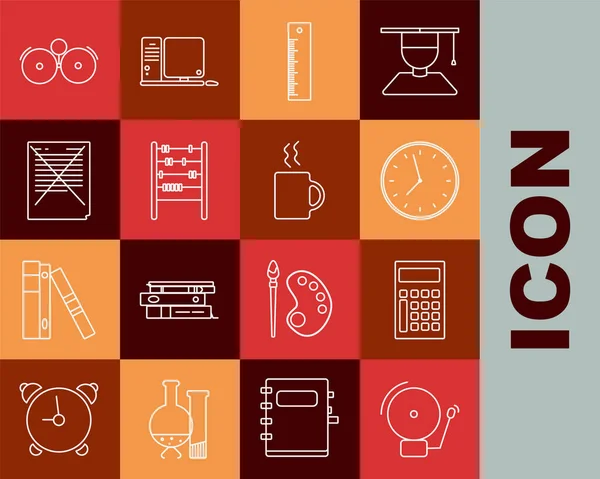 Establecer línea Timbre campana de alarma, Calculadora, Reloj, Gobernante, Abacus, Papel de examen con respuestas incorrectas encuesta, y taza de café icono. Vector — Vector de stock