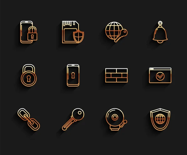 ラインチェーンリンク、キー、閉じた南京錠付きスマートフォン、リングアラームベル、シールドワールドグローバルを設定し、サイトのHTTPS 、 SSL 、レンガのアイコンを保護します。ベクトル — ストックベクタ
