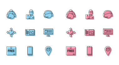 Serbest sembollü karton kutucuğu, destek operatörü dokunuşunu, yer tutucu harita kağıdını, kartpostalı, bilgisayar monitörünü, trafiği ve karton kutuları simgesini ayarla. Vektör