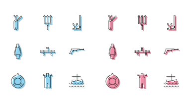 Lifebuoy hattı, dalgıç kıyafeti, İsviçre çakısı, su üzerinde balıkçı teknesi, Manifold, zıpkın, Carabiner ve Neptune Trident ikonu. Vektör