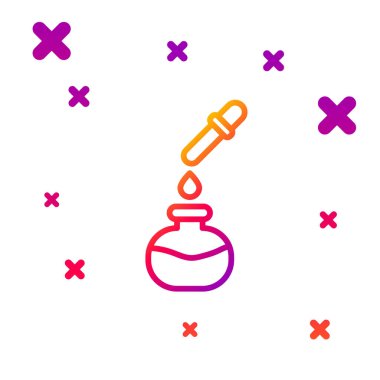 Renk çizgisi test tüpü ve beyaz arkaplanda izole edilmiş pipet ikonu olan matara kimya laboratuvarı testi. Laboratuvar cam levhası. Kademeli rastgele dinamik şekiller. Vektör