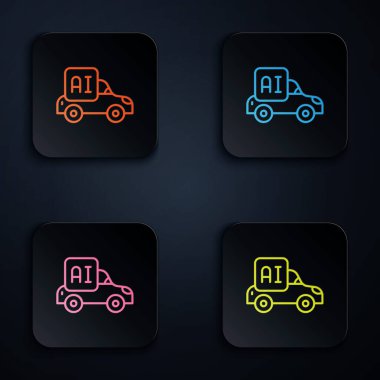 Renkli neon hattı özerk yapay zeka akıllı araba simgesi siyah arkaplanda izole edildi. Kare düğmelere simgeleri yerleştir. Vektör