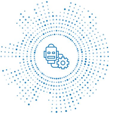 Mavi çizgi robotu beyaz arkaplanda ikon ayarlıyor. Yapay zeka, makine öğrenme, bulut hesaplama. Soyut çember rastgele noktalar. Vektör