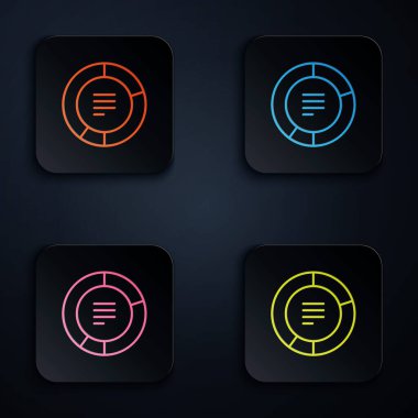 Renkli neon çizgisi grafiksel bilgi simgesi siyah arkaplanda izole edildi. Diyagram çizelgesi. Kare düğmelere simgeleri yerleştir. Vektör