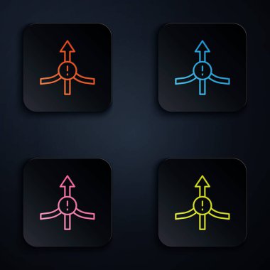 Renkli neon çizgi ok simgesi siyah arkaplanda izole edildi. Yön Arrowhead sembolü. Navigasyon işaretçisi işareti. Kare düğmelere simgeleri yerleştir. Vektör
