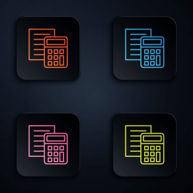 Renk neon çizgisi hesap makinesi simgesi siyah arkaplanda izole edildi. Muhasebe sembolü. İş hesaplamaları matematik eğitimi ve finans. Kare düğmelere simgeleri yerleştir. Vektör