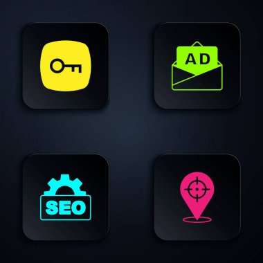 Hedef, Anahtar, SEO optimizasyonu ve Reklamcılığını ayarla. Siyah kare düğme. Vektör