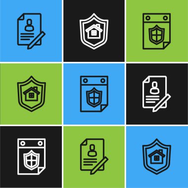 Satır Belgesini kalkan, takvim ve ev simgesi ile ayarla. Vektör