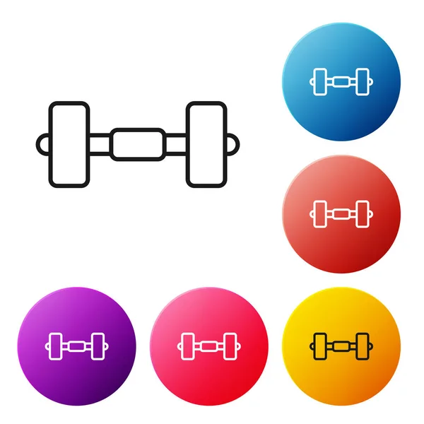 Black Line Dumbbell Symbol isoliert auf weißem Hintergrund. Muskellifting-Ikone, Fitness-Langhantel, Fitnessstudio, Sportgeräte, Übungshantel. Setzen Sie Symbole bunte Kreis-Tasten. Vektor — Stockvektor