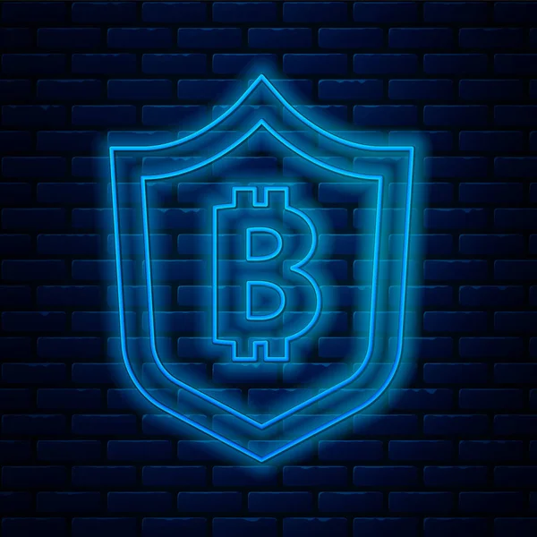 Linea al neon luminoso Scudo con icona bitcoin isolato su sfondo muro di mattoni. Cryptocurrency mining, blockchain tecnologia, sicurezza, proteggere, denaro digitale. Vettore — Vettoriale Stock
