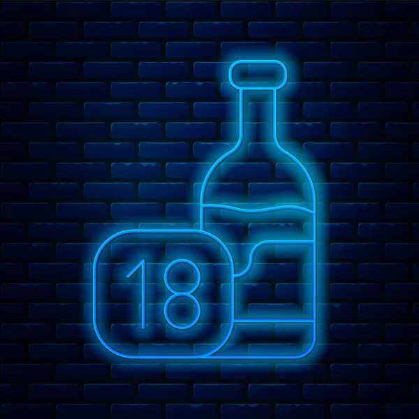 Λαμπερό νέον γραμμή μπουκάλι κρασί εικονίδιο απομονώνονται σε φόντο τοίχο από τούβλα. Όριο ηλικίας για το αλκοόλ. Διάνυσμα — Διανυσματικό Αρχείο