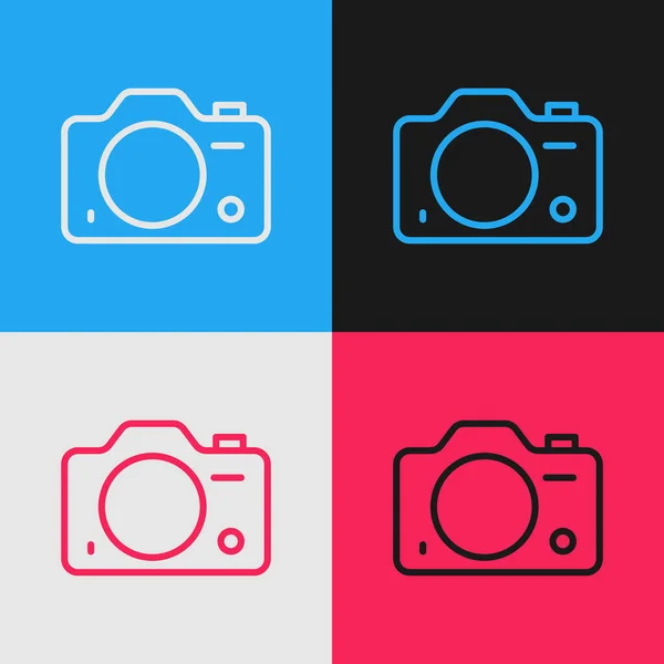 Pop art linea Foto fotocamera icona isolata su sfondo a colori. Foto camera. Fotografia digitale. Vettore — Vettoriale Stock