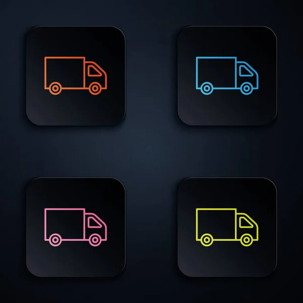 Farbe Neon Line Delivery Lastkraftwagen-Symbol isoliert auf schwarzem Hintergrund. Setzen Sie Symbole in quadratischen Tasten. Vektor — Stockvektor