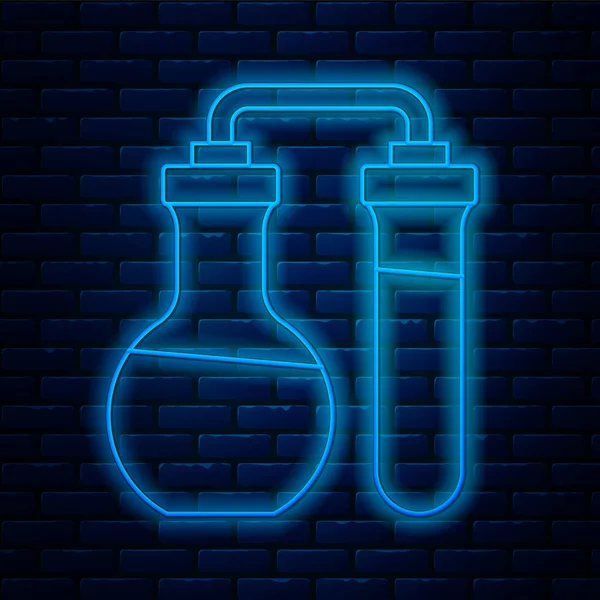 Brillante línea de neón Tubo de ensayo y frasco icono de prueba de laboratorio químico aislado en el fondo de la pared de ladrillo. Signo de cristalería del laboratorio. Vector — Vector de stock