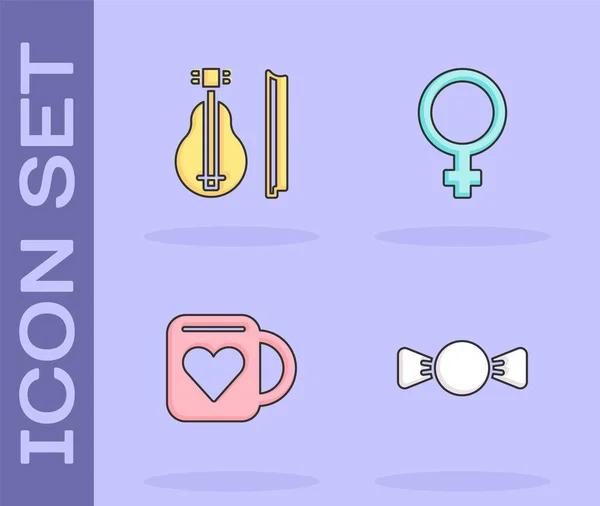 Установите галстук Bow, скрипку, чашку Coffee и сердце, а также женский гендерный символ. Вектор — стоковый вектор