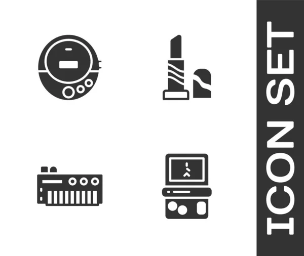 Conjunto de Tetris, reproductor de CD de música, sintetizador y lápiz labial icono. Vector — Vector de stock