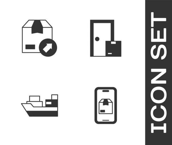 Establecer seguimiento de entrega de aplicaciones móviles, Caja de cartón, Buque de carga con cajas e icono de servicios para el hogar. Vector — Vector de stock