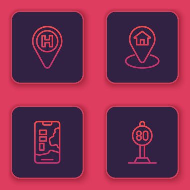 Helicopter iniş pisti, şehir haritası navigasyonu, ev ve hız limitli konum. Mavi kare düğme. Vektör