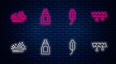 Temizlik malzemesi, tüy, havlu yığını ve sıkış tıkış giysiler için şişe ayarla. Tuğla duvarda parlayan neon simgesi. Vektör