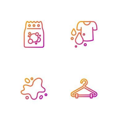 Hat askısı gardırobu, su dökülmesi, çamaşır deterjanı ve kirli tişört. Renk simgeleri. Vektör