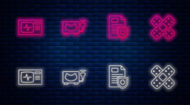 Ultrason, hasta kaydı, kardiyogram ve çapraz bandajlı monitör. Tuğla duvarda parlayan neon simgesi. Vektör