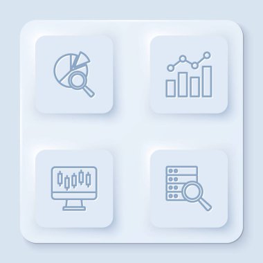 Hat Arama veri analizini, finansal büyümeyi, borsa grafiklerini ve sunucuyu ayarla. Beyaz kare düğme. Vektör