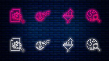 Finansal büyüme doları, grafikli satış hunisi, doküman grafiği ve arama küresi. Tuğla duvarda parlayan neon simgesi. Vektör