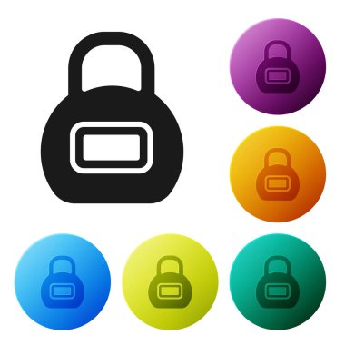 Siyah Kettlebell simgesi beyaz arkaplanda izole edildi. Spor malzemeleri. Simgeleri renk daire düğmelerine ayarla. Vektör.