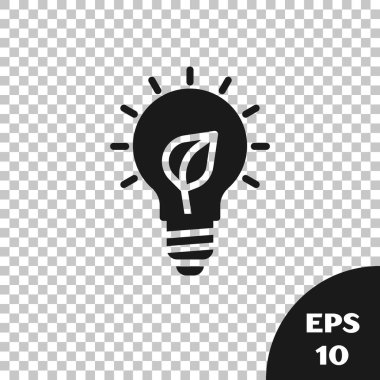 Şeffaf arkaplanda yaprak simgesi olan siyah ampul. Çevre enerjisi kavramı. Alternatif enerji kavramı. Vektör.