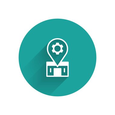 Uzun gölgeli beyaz bisiklet tamir ikonu. Yeşil daire düğmesi. Vektör.