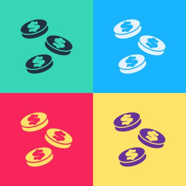 Dolar sembollü Pop Art Coin parası renk arkaplanında izole edilmiş. Bankacılık işareti. Para sembolü. Vektör.