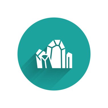 Beyaz Mücevher Taşı simgesi uzun gölge arkaplanı ile izole edilmiş. Mücevher sembolü. Elmas. Yeşil daire düğmesi. Vektör