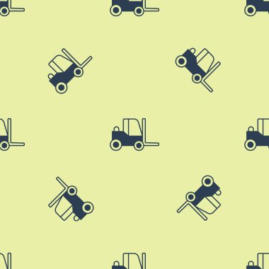 Mavi Forklift ikonu sarı arka planda izole edilmiş pürüzsüz desen. Çatal doldurucu ve karton kutu. Kargo teslimatı, nakliye, ulaşım. Vektör