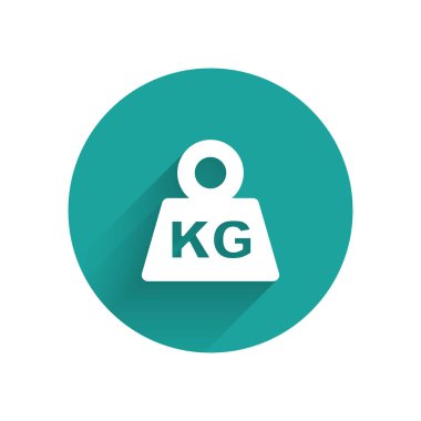 Beyaz Ağırlık simgesi uzun gölge arkaplanı ile izole edildi. Kilogram ağırlık kaldırmak ve ölçmek için ağırlık bloğu. Kütle sembolü. Yeşil daire düğmesi. Vektör