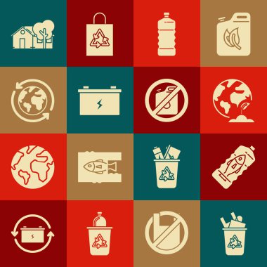 Geri dönüşüm kutusunu geri dönüşüm sembolü, Dünya küresi ve bitkisi, plastik şişe, araba aküsü, dünya geri dönüşümü, çevre dostu ev ve benzin ikonu için tüp olmadan ayarla. Vektör