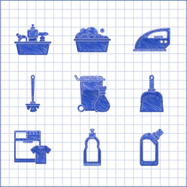 Çöp tenekesi plastik şişelerini sıvı bulaşık deterjanı ve tişört fırçası elektrikli ütü ve ikon için ayarla. Vektör.
