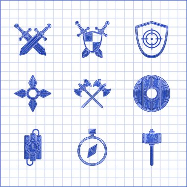 Çapraz ortaçağ baltaları, pusula, çekiç, yuvarlak tahta kalkan, dinamit çubuğu ve zamanlayıcı saat, Japon ninja shuriken, hedef sporu ve kılıç ikonu. Vektör