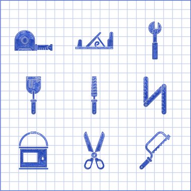 Tahta, makas, testere, katlama cetvel, boya kovası, macun bıçağı, ayarlanabilir ingiliz anahtarı ve rulet inşaat ikonu için kesme aleti. Vektör