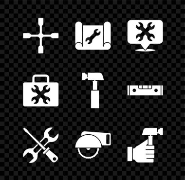 Tekerlek anahtarı, çizim kağıdı, tornavida, elektrikli testere, çekiç, alet çantası ve simge. Vektör
