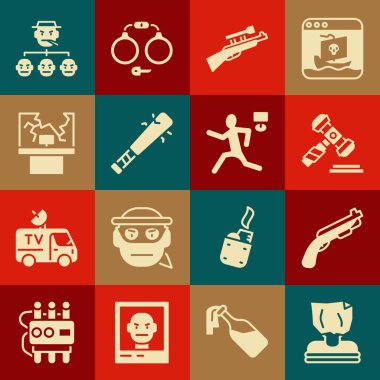 Kaçırma, polis tüfeği, yargıç tokmağı dürbünlü keskin nişancı tüfeği, beysbol sopası çivileri kırık pencere, mafya ve cinayet ikonu. Vektör