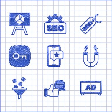 Mobil Değerlendirme, Müşteri Ürünü, Reklam, Mıknatıs, Öncü Yönetim, Anahtar, SEO optimizasyon ve Yönetim Kurulu grafik simgesi ile ayarla. Vektör