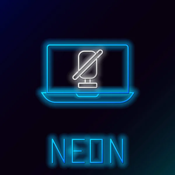 Leuchtendes Neon Line Stummschaltmikrofon Auf Laptop Symbol Isoliert Auf Schwarzem — Stockvektor