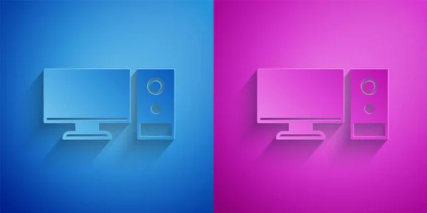 Paper Cut Computer Monitor Icon Isolated Blue Purple Background Tanda - Stok Vektor