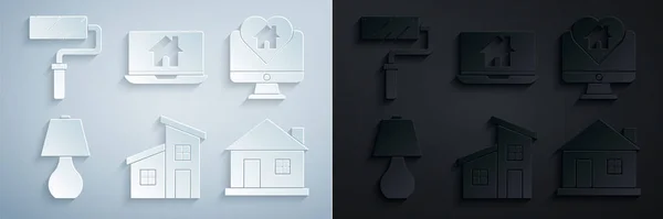 Set Maison Moniteur Avec Maison Forme Coeur Lampe Table Ordinateur — Image vectorielle