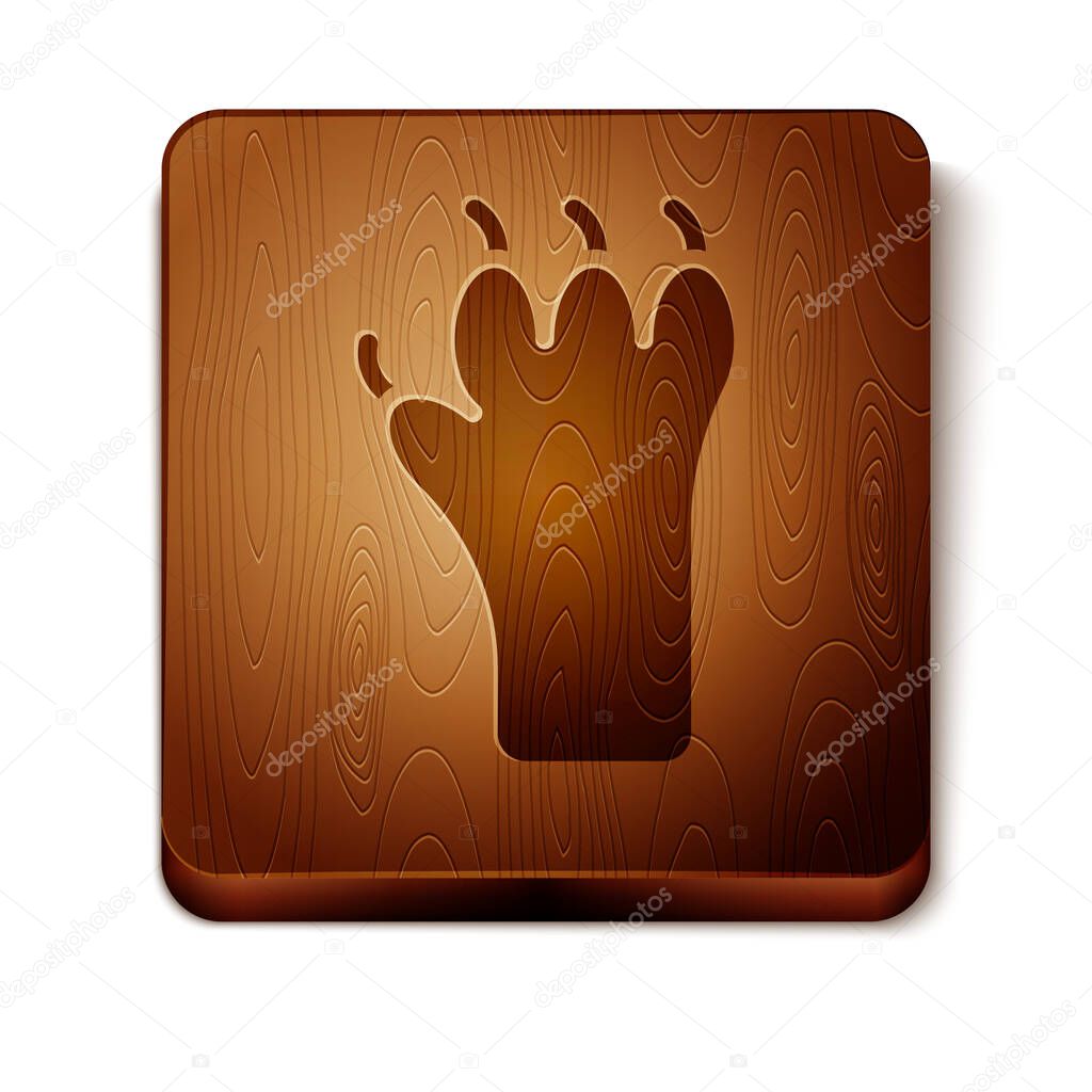 Brown Paw print icon isolated on white background. Dog or cat paw print. Animal track. Wooden square button. Vector.